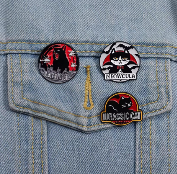 Gothic Horror Cats – Catzilla, Meowcula & Jurassic Cat Enamel Pin Set