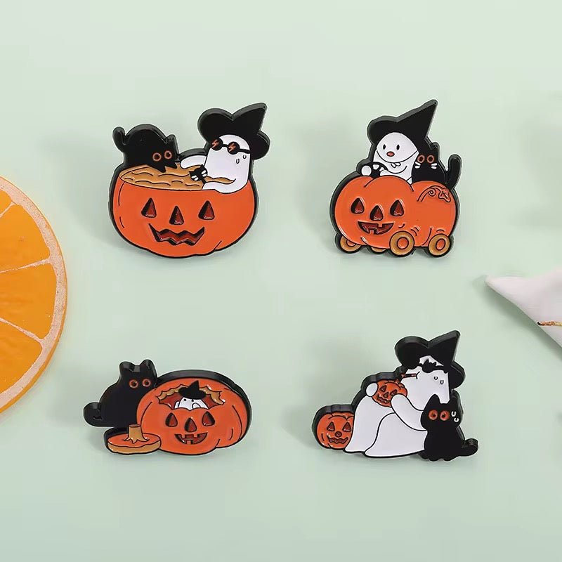 🎃 Halloween Pin Set – Kürbis, Geist & schwarze Katze 4er Set