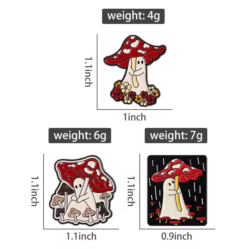🍄 Mushroom Ghost Pin Set – 3er Pilz Emaille Pin