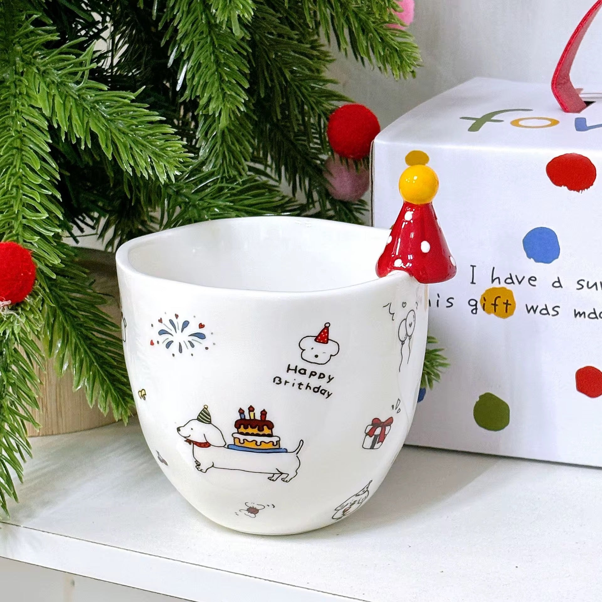 Happy Birthday Dackel 280 ml  Keramiktasse mit Partyhut